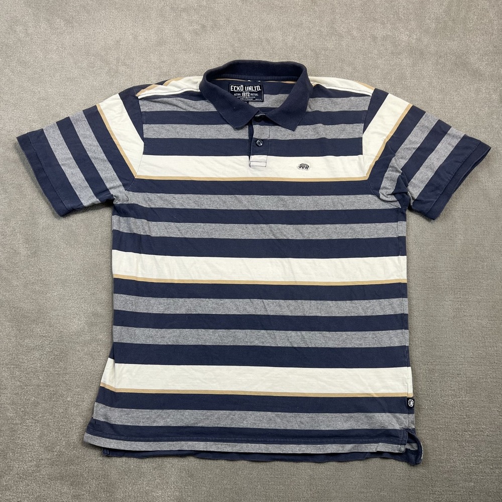 Ecko Unltd Polo Shirt Mens XL Navy Grey Striped Cotton Rhino Logo Streetwear